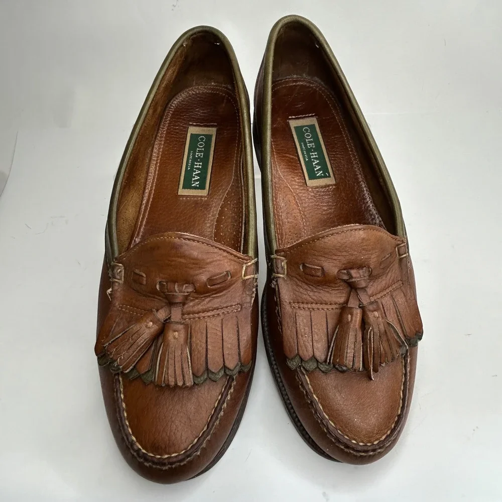 VTG Cole Haan Mens Made in USA Brown Leather Tassel Kiltie Loafers Green Trim 10